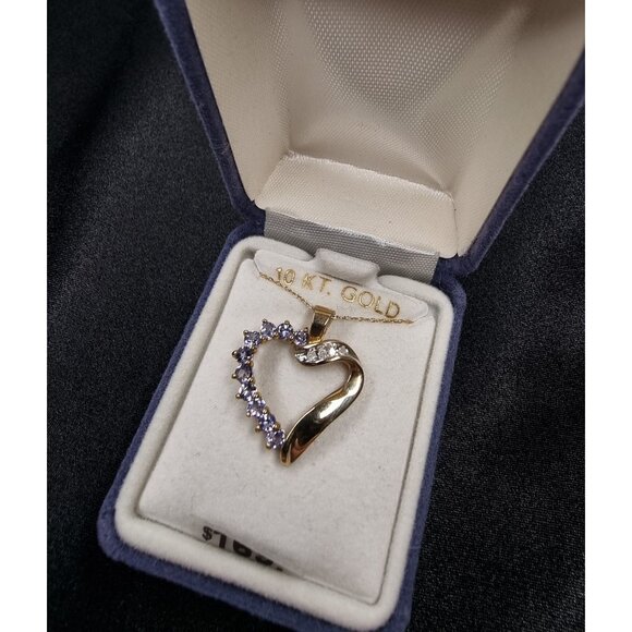 Vintage Early 2000s 10K Gold Tanzanite & Diamond Heart Pendant Necklace - Picture 5 of 6